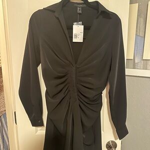 Black ruched front collared mini dress